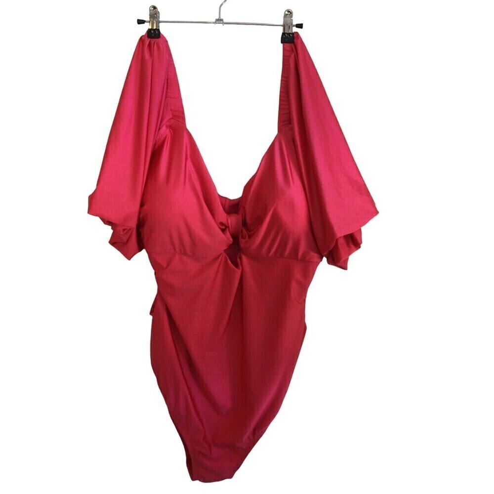 Noel One Piece Swimsuit Women's Size 2X Hot Pink Front Tie Short Sleeves